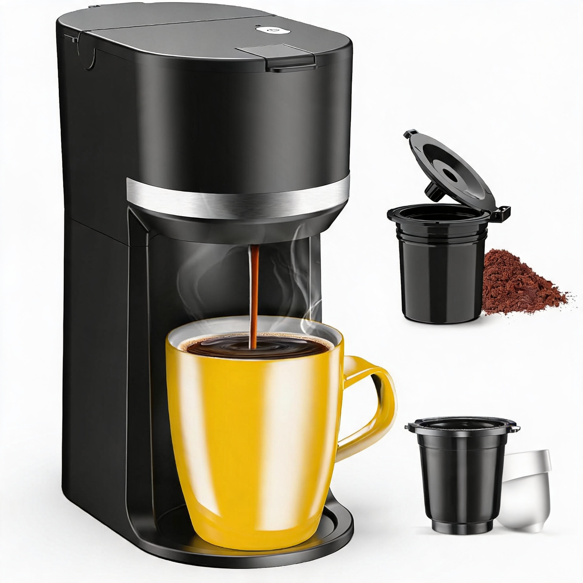 シングルサーブコーヒーメーカー Kカップと粉用、早出し、6～12オンスの抽出サイズ シングルカップコーヒーメーカー、5.5インチマグカップに適合、One-B