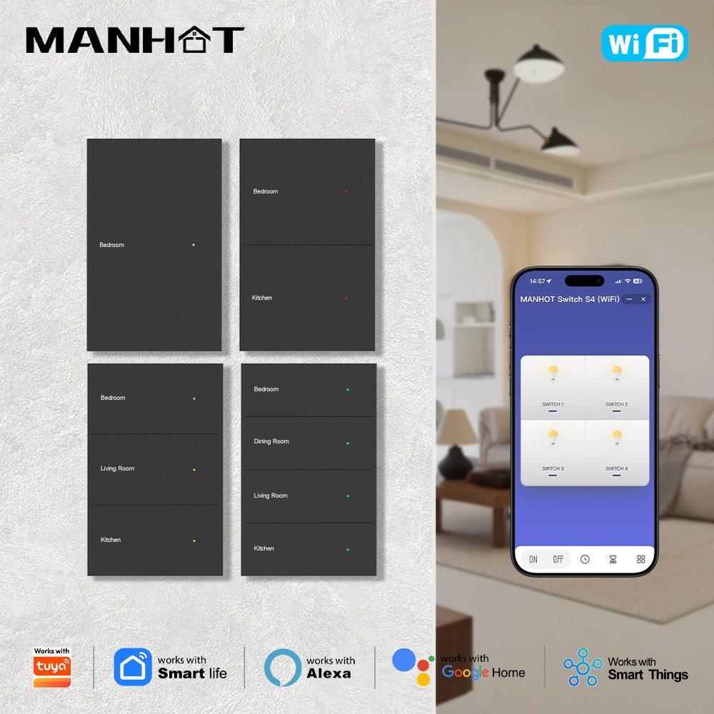 Manhot DIY 名前スイッチ WIFI スマート表示画面ライトスイッチ 1 2 3 4 6 8 ギャング Tuya Alexa Google ホーム音声制御で動作します