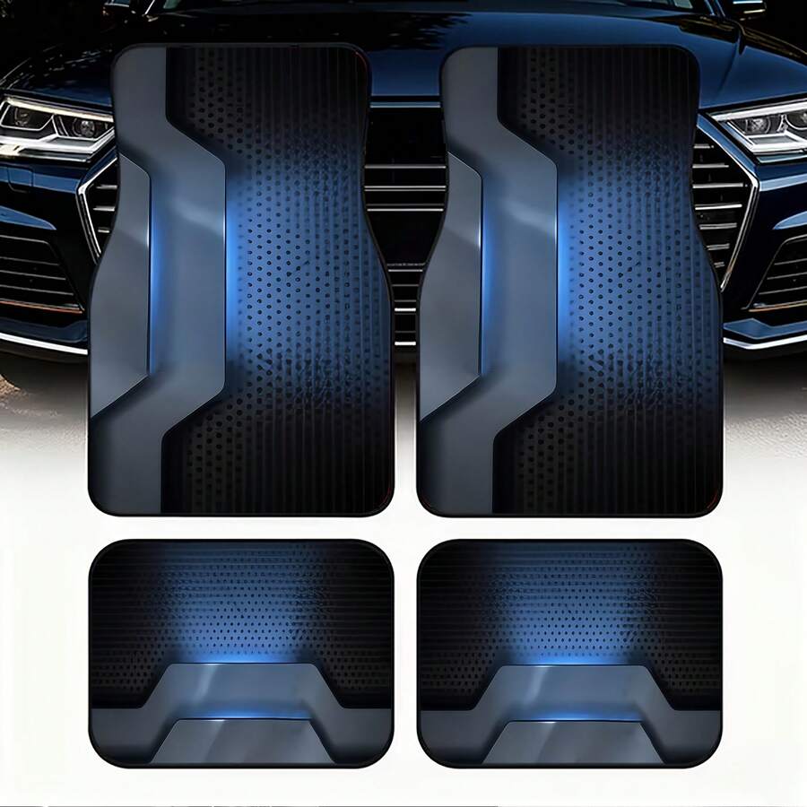 未来的なブルー LED 照明と穴あきデザインのカーフロアマット 4 点セット