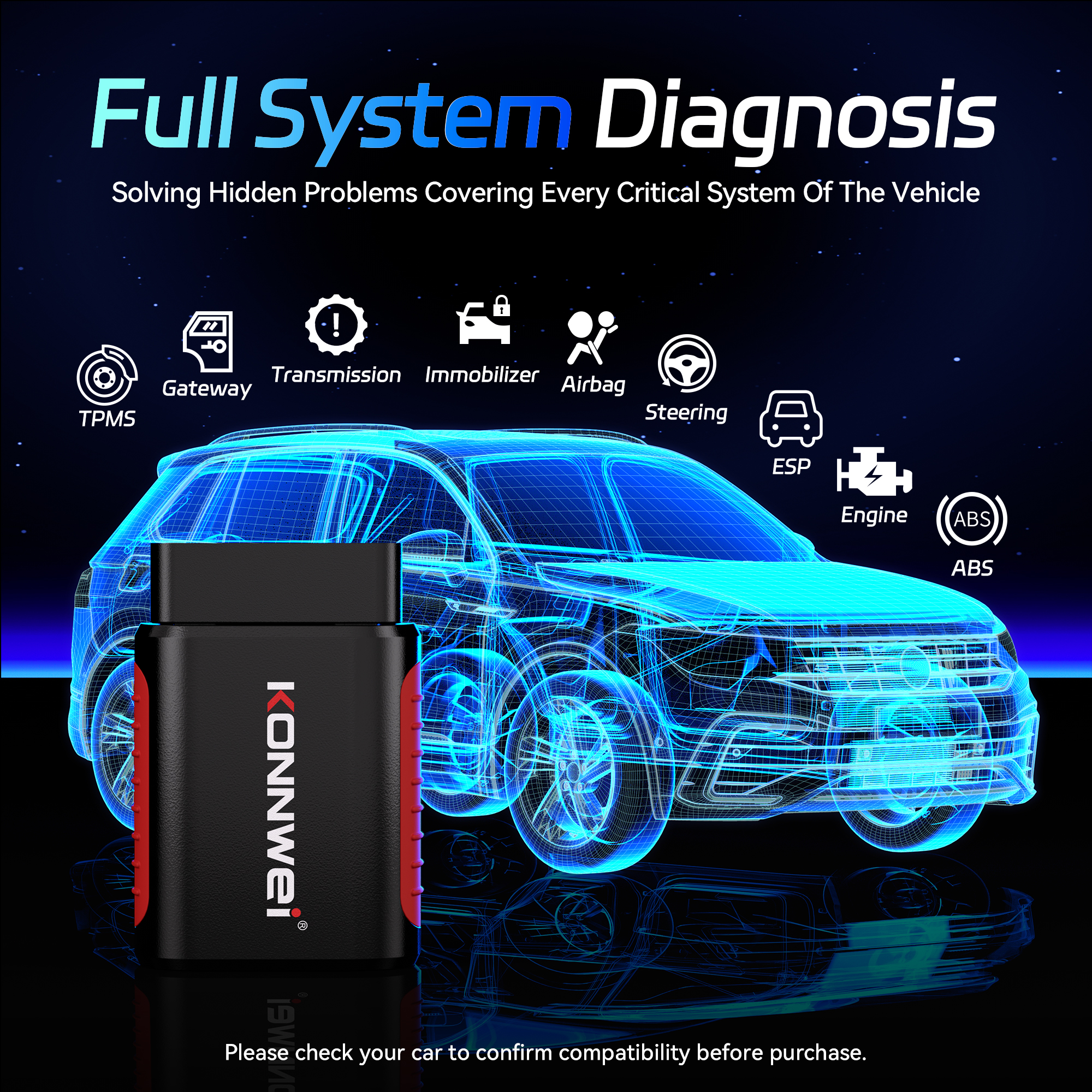 KONNWEI KDIAG フルシステム OBD2 スキャナー Bluetooth 車診断スキャンツール ABS SRS トランスミッションエンジン障害コードリーダー