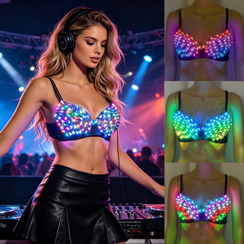 セクシーな LED ライトアップブラジャーリベット装飾パンク LED ブラジャー女性 DJ ナイトクラブバーダンスショー着用ステージパフォーマンスグローランジェリー衣装