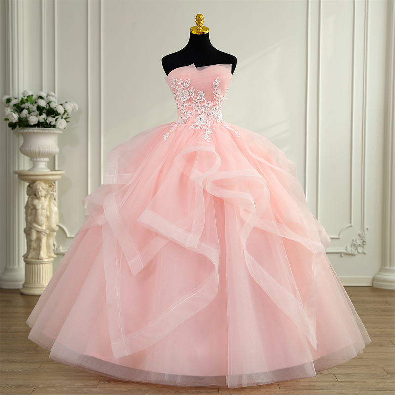 ファッションクラシックリアルフォトアップリケヴィンテージ真珠ストラップレスピンクのウェディングドレス 2025 Vestidos デ noiva ブライダルドレスプラスサイズ