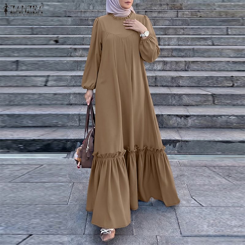 女性のイスラム教徒マキシドレス控えめなファッション O ネック長袖フリル裾アバヤローブ ZANZEA イスラムヒジャービスラマダンイードカフタン