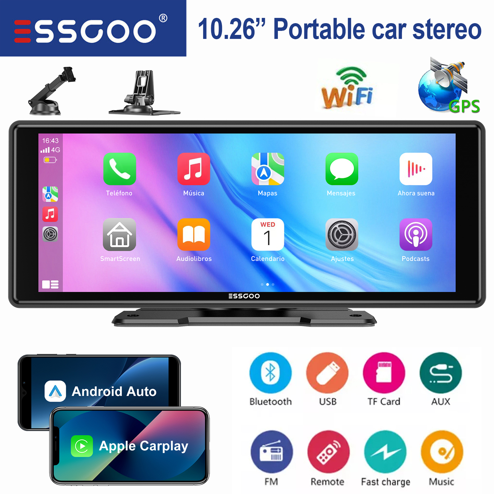 ESSGOO 10.26 "ポータブルユニバーサルカーステレオラジオ HD ツアースクリーン GPS ナビ WIFI Apple carplay Android 自動 BT ミラーリンク AUX FM
