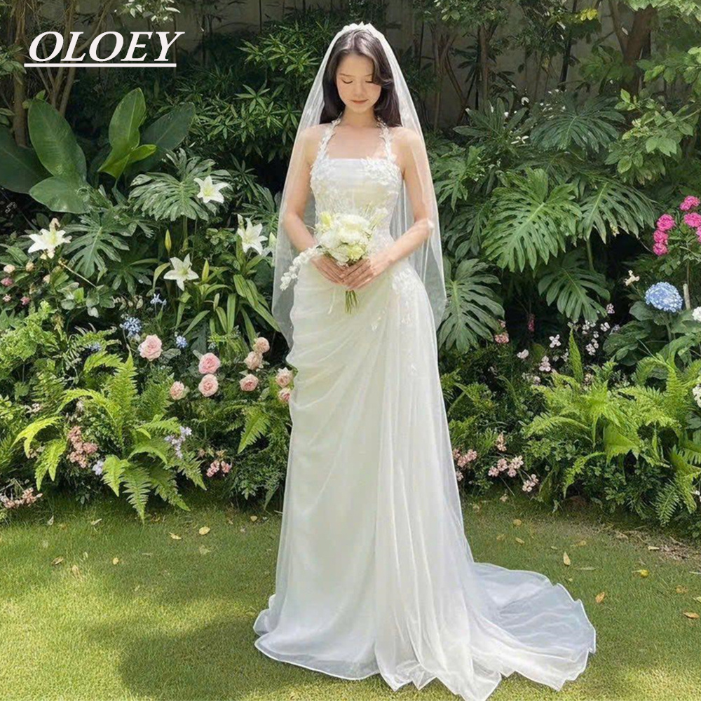 OLOEY 妖精アップリケ ホルターマーメイド ウェディング ドレス プリーツ チュール ブライダル ガウン カスタマイズされた韓国写真撮影コルセット バック