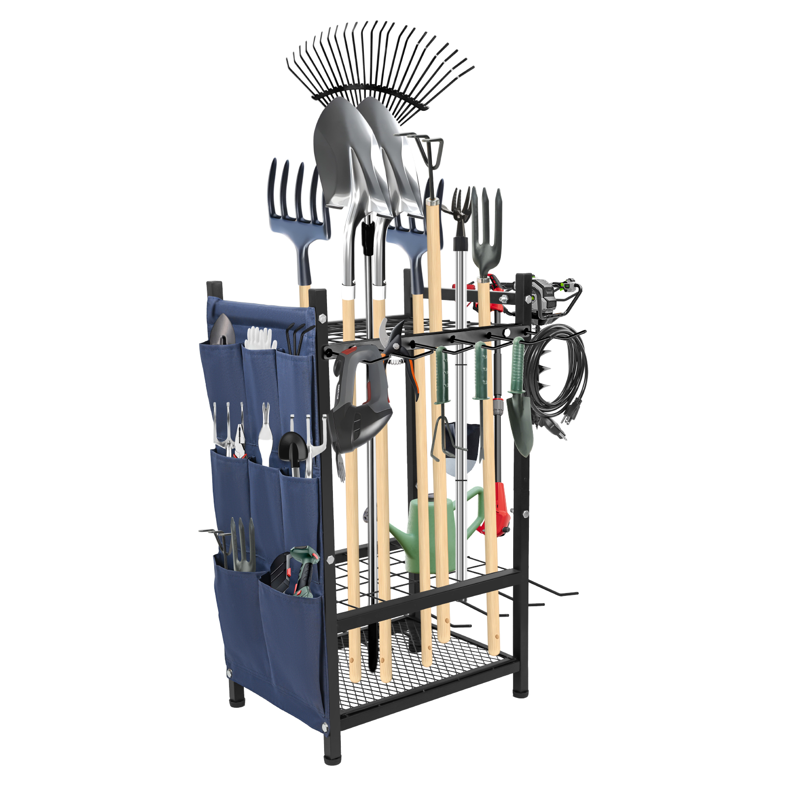 Garden Tool Organizer for Garage, Utility Storage Racks W/ Storage Bag, Metal Yard Tool Stand Holder Organizer for 35 Long-Handled, Broom, Shovel, Rake, Sturdy Heavy Rack for Outdoor, Yard, Black, Sto