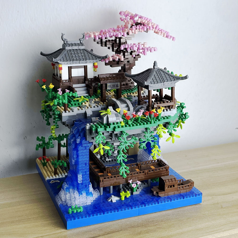 桃の花の池 ボックス梱包ビルディングブロックおもちゃセット付き：中国の建築、スタイリッシュな家の装飾、コレクターへのユニークなギフト
