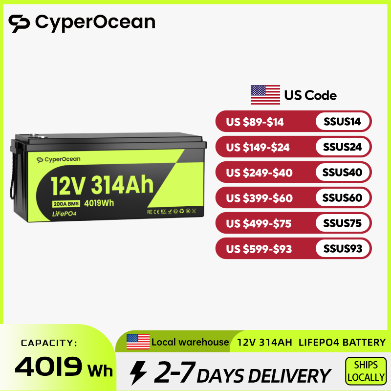 CyperOcean 12V 314Ah LiFePO4 リチウムバッテリー低温保護内蔵 200A BMS 15000 サイクルバン、ゴルフカート、ボート、RV、キャンプ用