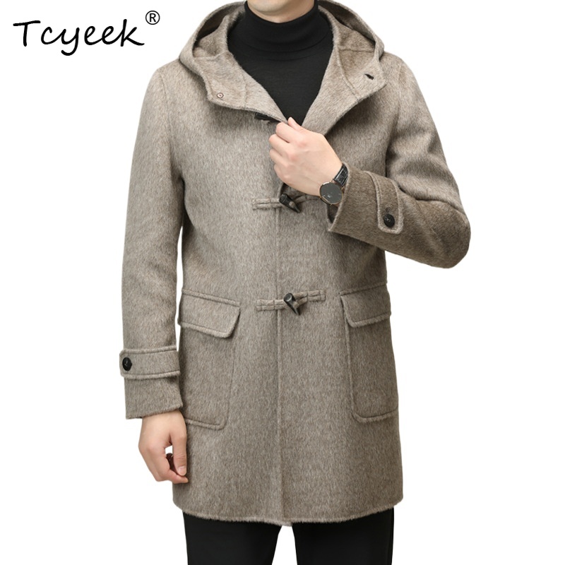 Tcyeek Real 100% Wool Spring Autumn Korean Version Hooded Horn Buckle Men's Wool Coat Пальто Женское Длинное Casacos Masculinos
