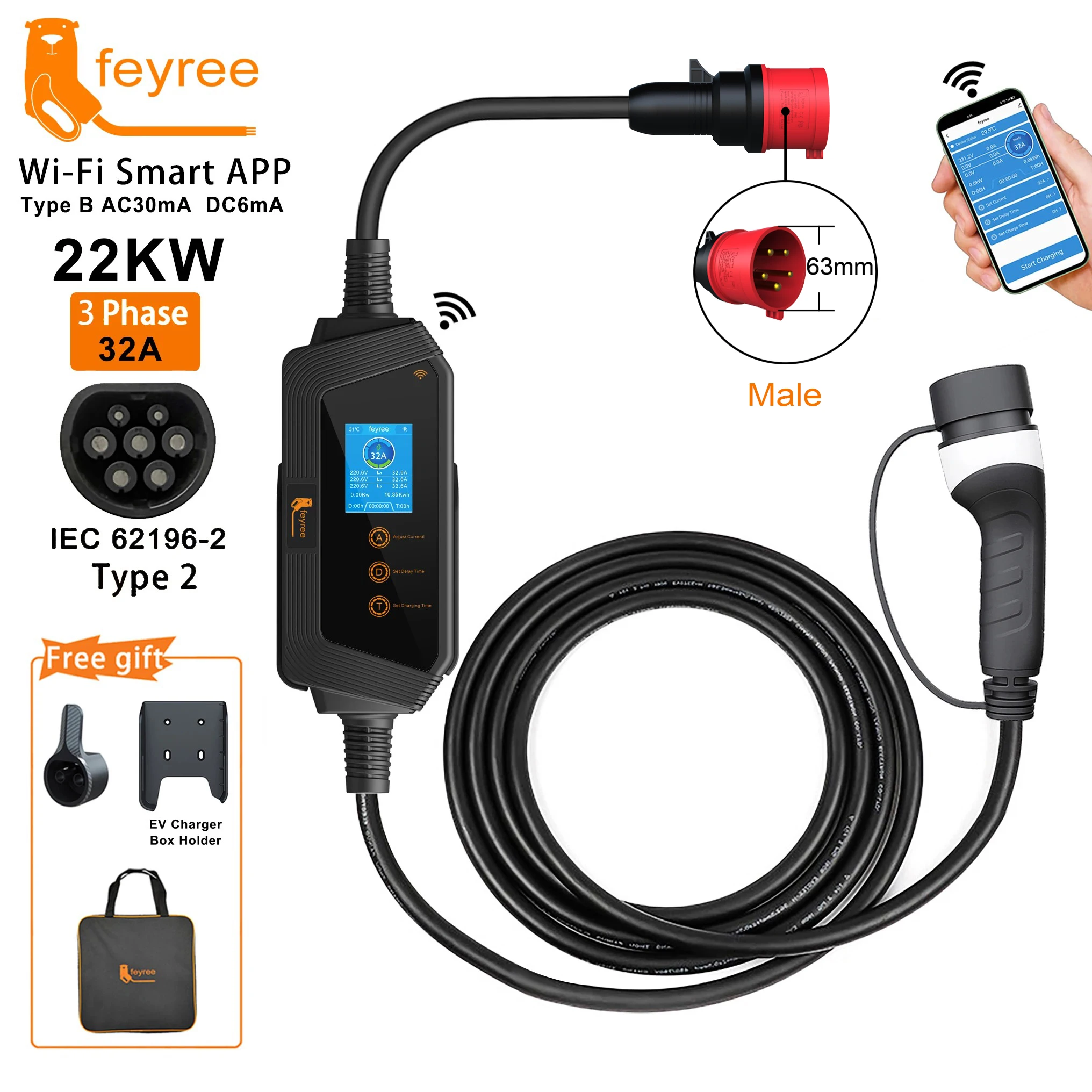 Feyree 22KW 32A 3 相 Type2 ポータブル EV 充電器 Wi-Fi アプリ制御 EVSE 充電ボックス充電ステーション電気自動車充電器用