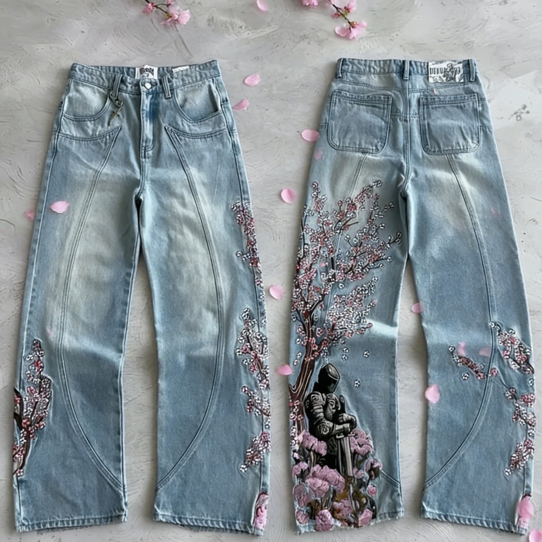 アメリカンサクラブラックナイト刺繍ジーンズY2Kレトロルーズロックヒップホップ人気カジュアル万能ストレートレッグワイドレッグパンツ