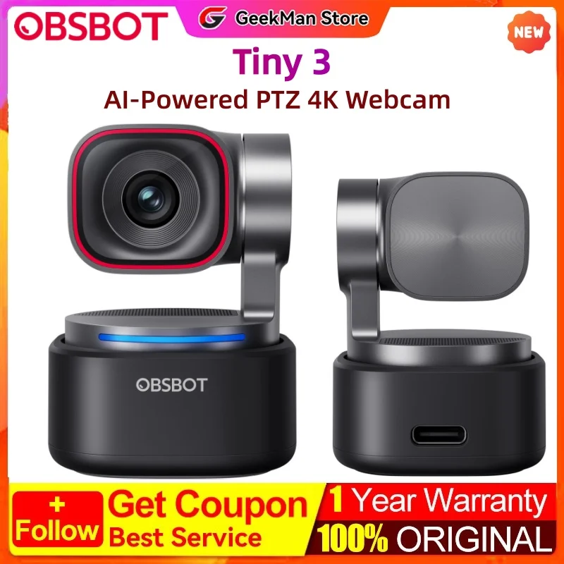 OBSBOT Tiny 3 AI 搭載 PTZ 4K ウェブカメラ 4 倍ズームを備えたコンパクト 4K USB PTZ ウェブカメラ。