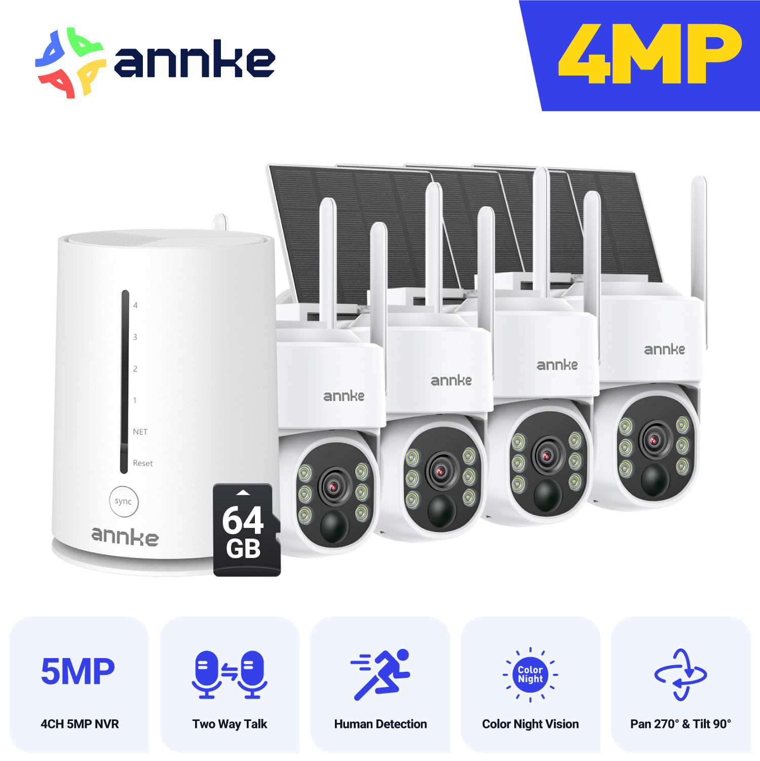 ANNKE 4MP バッテリー WiFi セキュリティカメラ PT 自動追跡カラーナイトビジョンワイヤレス IP カメラ 4CH セキュリティシステム