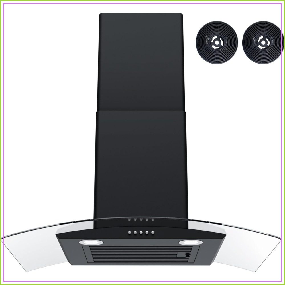 30インチ壁掛けレンジフード、400CFM、3スピードファン、強化ガラス、プッシュボタンコントロール、LED照明、ステンレススチール、チャコールフィルター2個付き