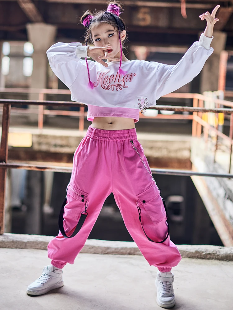 子供のジャズダンス衣装白長袖ルーズパンツ女の子ヒップホップパフォーマンス服ストリートダンスウェアレイブ服