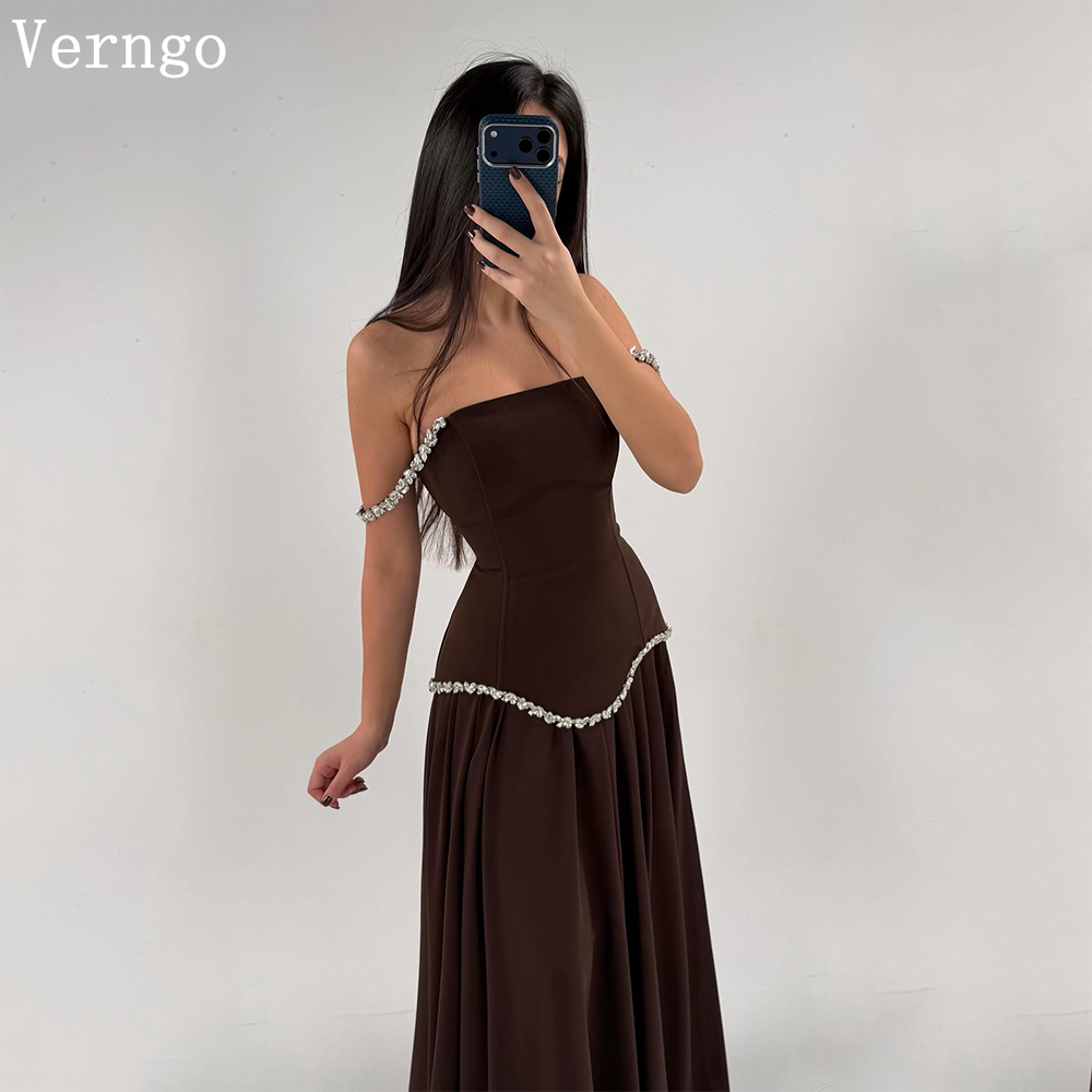Verngo ブラウンクレープイブニングドレススパンコールスパゲッティストラップ A ラインフォーマルオケージョンドレスシンプルなウエディングドレスカスタマイズ