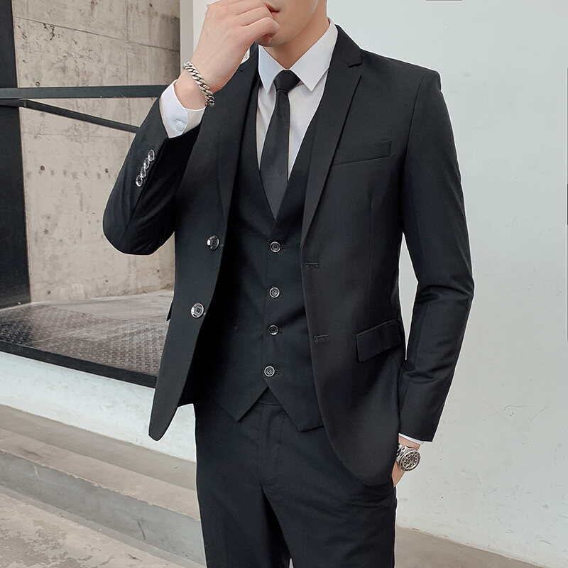 無地スーツ メンズ おしゃれ 紳士 ビジネス 宴会 韓国風 フォーマル ドレス カジュアル 結婚式 (ブレザー ベスト ズボン)