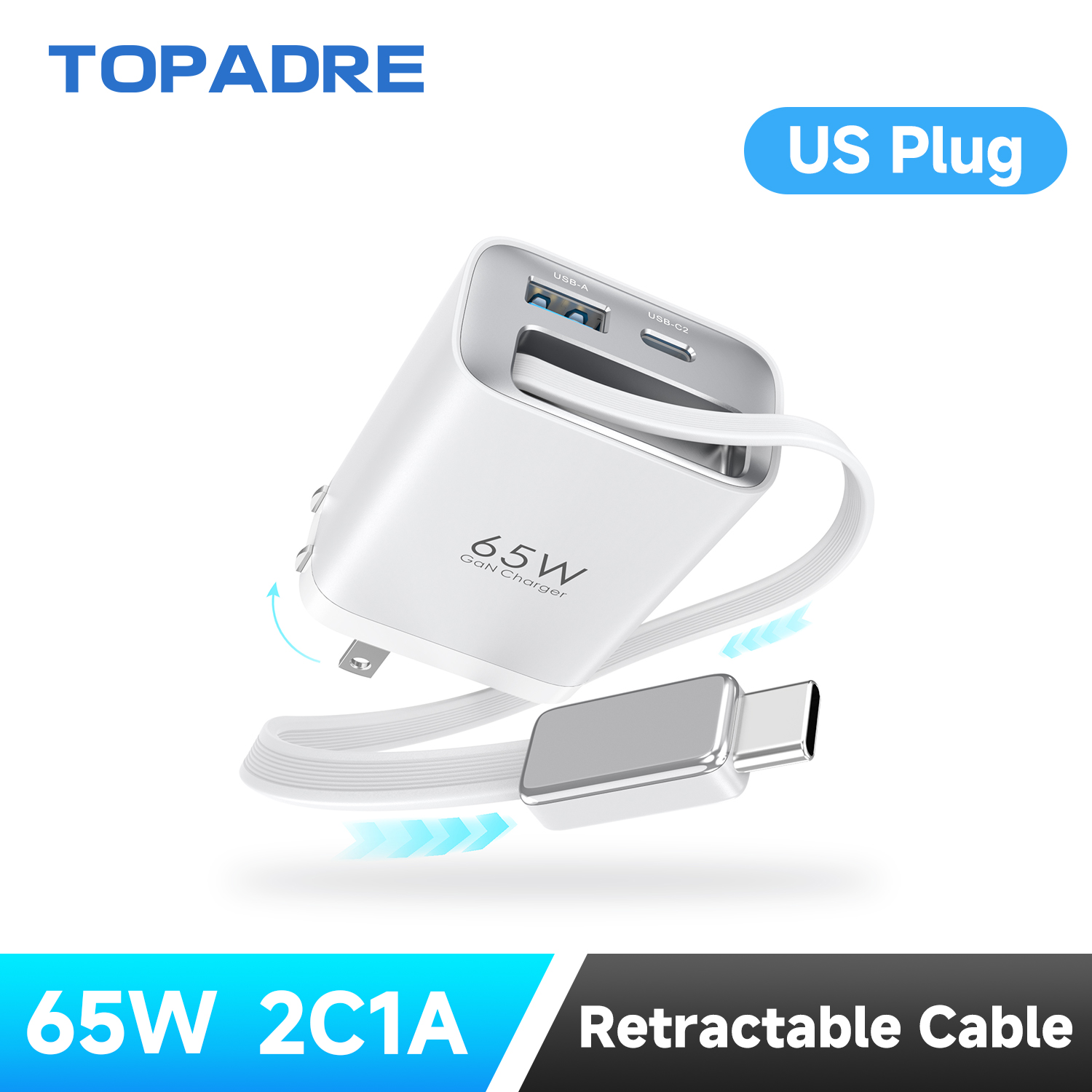 65W GaN 壁面充電器、格納式 USB-C ケーブル付き、デュアルポート PD 3.0