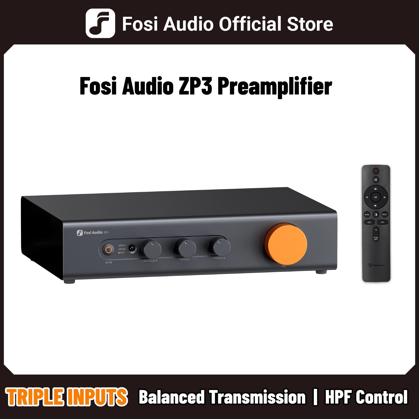 Fosi Audio ZP3 プリアンプ、3 入力/3 出力 XLR/RCA/SUB OUT HiFi プリアンプ、HPF ハイパスフィルタートーンコントロール付き