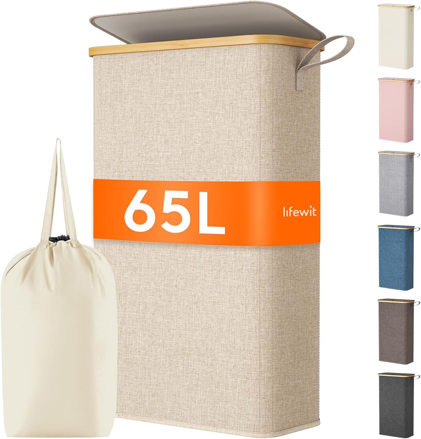65L スリムランドリーバスケット 蓋付き、狭い折りたたみ式汚れた衣類バスケット、取り外し可能なインナーバッグ付き