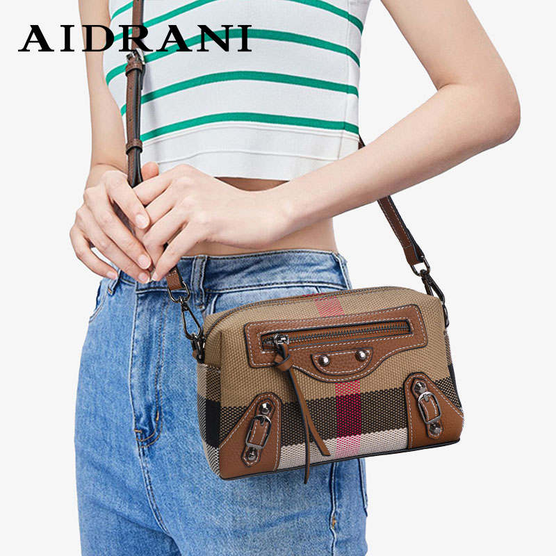 Aidrani クラシックで風変わりなオートバイバッグ、本革レディースチェックショルダーバッグ、レトロスクエアミニクロスボディバッグ