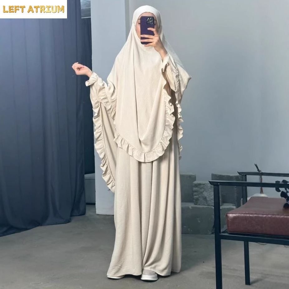 2025 イードイスラム教徒の女性フリルキマール 2 個セットアバヤドレス祈り衣服ヒジャーブイスラムラマダンカフタンブルカ服オーバーサイズ