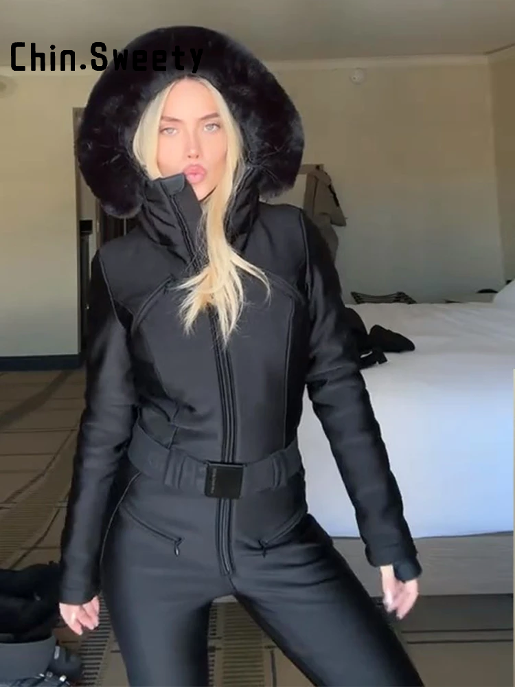 Fashion Faux Hooded One-Piece Ski Jumpsuit Women Stand Collar Zipper High Waist Solid Windproof Outwear 2026 Winter Lady Skiwear
