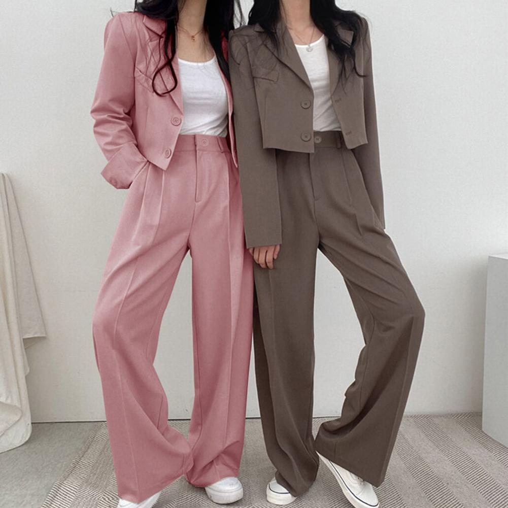 女性用 2 ピース ビジネス カジュアル 衣装 クロップド ブレザー ジャケット ソリッド カラー ワイドレッグ パンツ スーツ 秋 オフィス ワークウェア セット