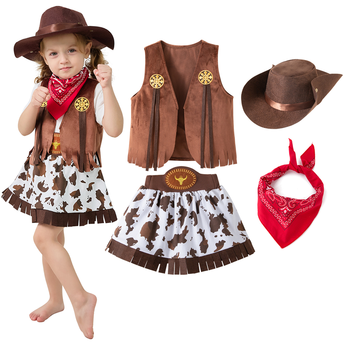 カウボーイコスチューム女の子 Purim ハロウィン幼児子供カウガールコスプレベストスカートパーティーファンシードレスカーニバル誕生日服