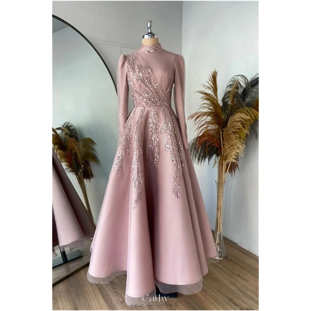 キャシーピンクの花刺繍 A ラインパーティードレススパンコール長袖vestidos de noiva ハイネック足首までの長さのイブニングドレス