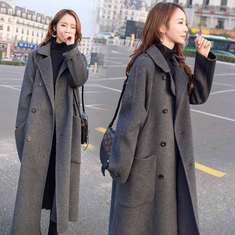 Women Thick Wool Coats Turn Down Collar Long Maxi Autumn Winter Full Sleeve Coats Double Breasted Cardigan Blends Jackets