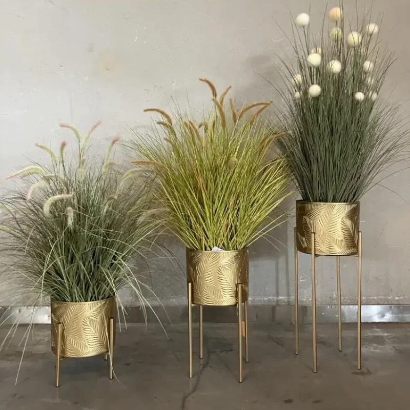 モダンなゴールド鉄プラントラック 3 ピースグリーン鉢植えフラワーバケツセット凹面パターンデザインラウンドフラワーポットホルダー