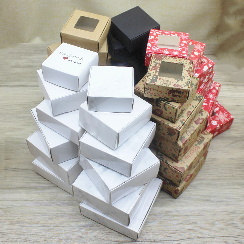 卸売 10pc さまざまなギフトパッケージ白クラフト黒窓ボックス紙マーブリングボックス窓付きクリスマスラッピングパッケージボックス