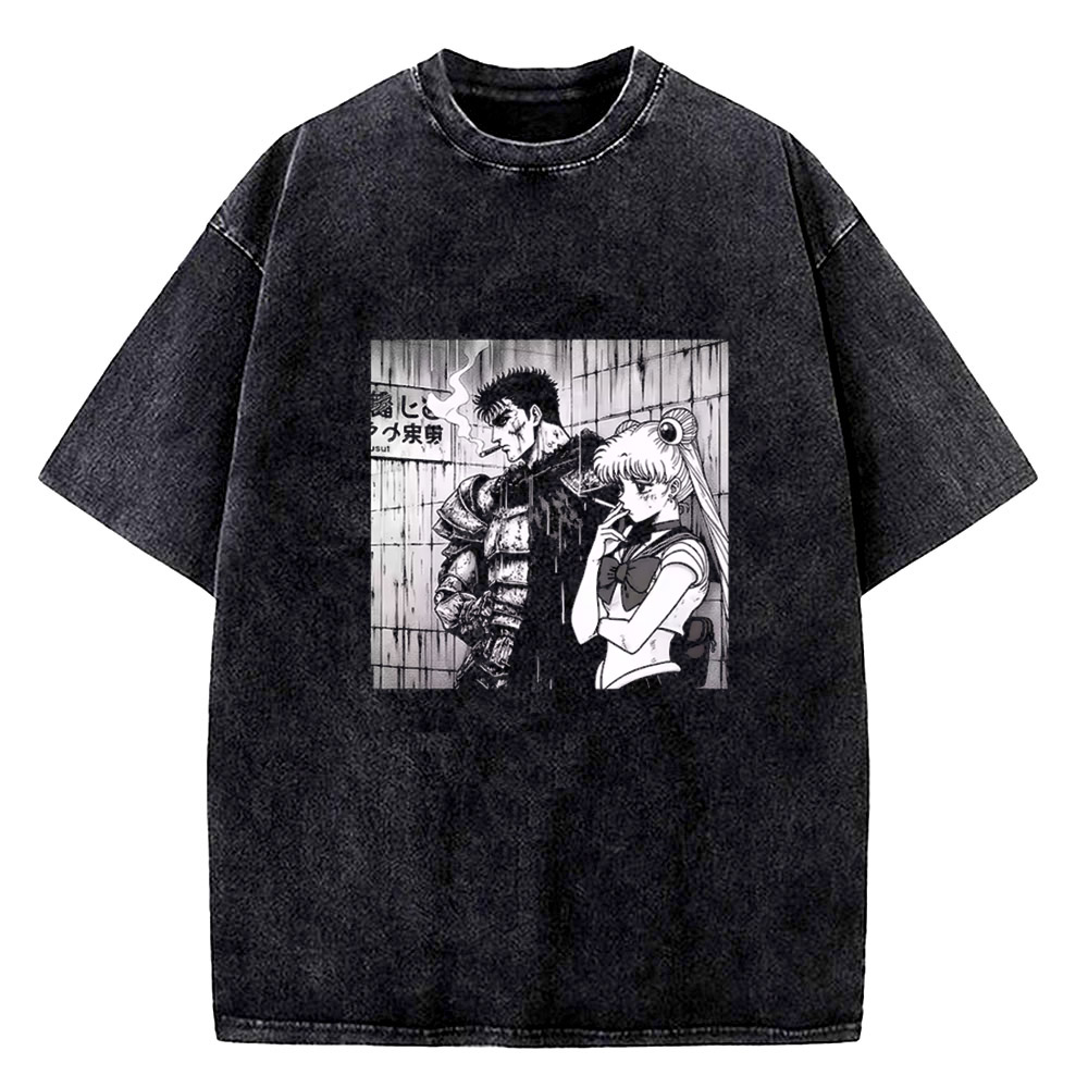 ホットベルセルクマンガ Tシャツガッツアニメ Tシャツ男性女性 Tシャツヴィンテージ洗浄綿服夏カジュアル半袖 Tシャツ
