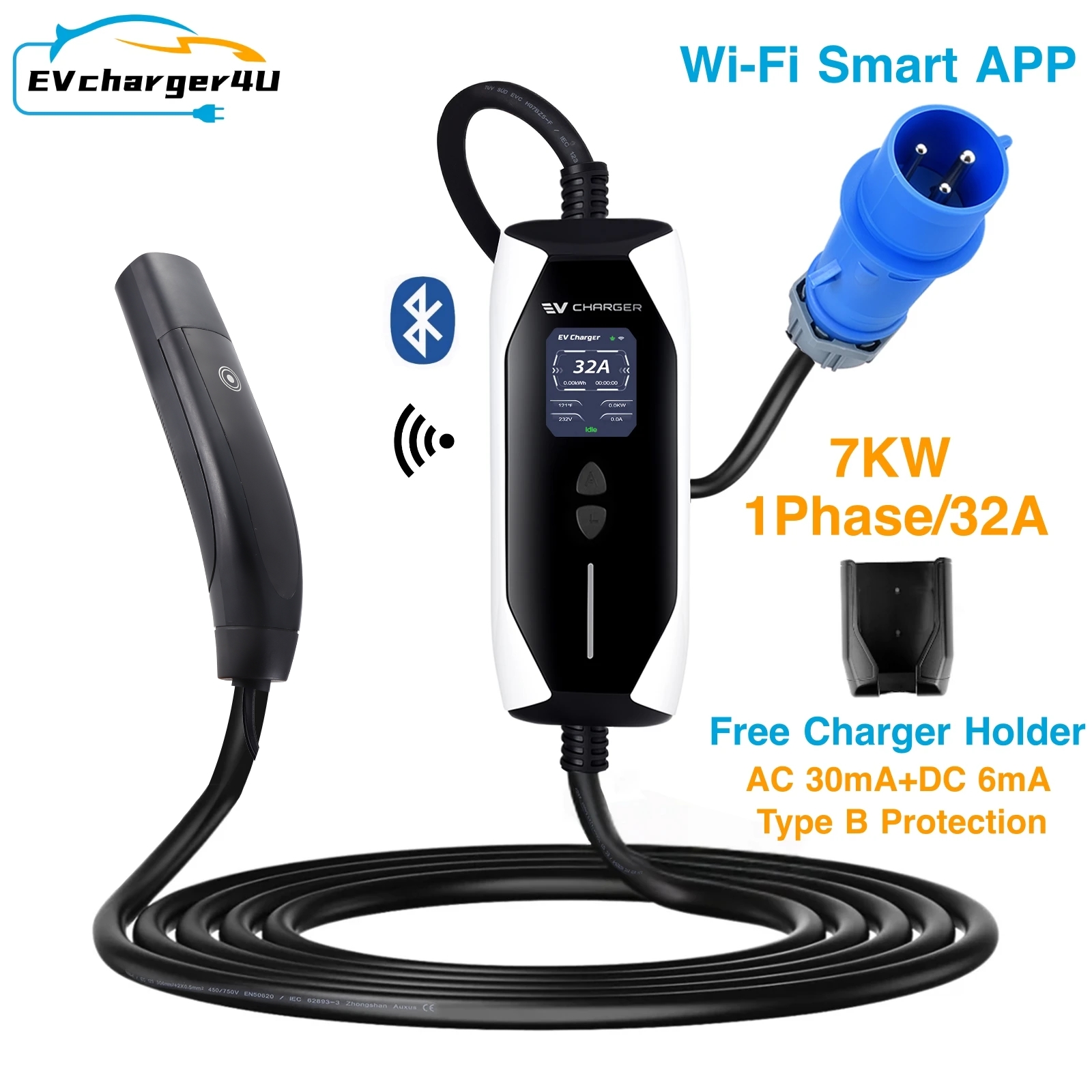 EVcharger4U 1 相 32A 7KW 5 メートル/8 メートルテスラポータブル EV 充電ステーション ESEV Wifi アプリ制御中国モデル S X Y 3 サイバートラック用