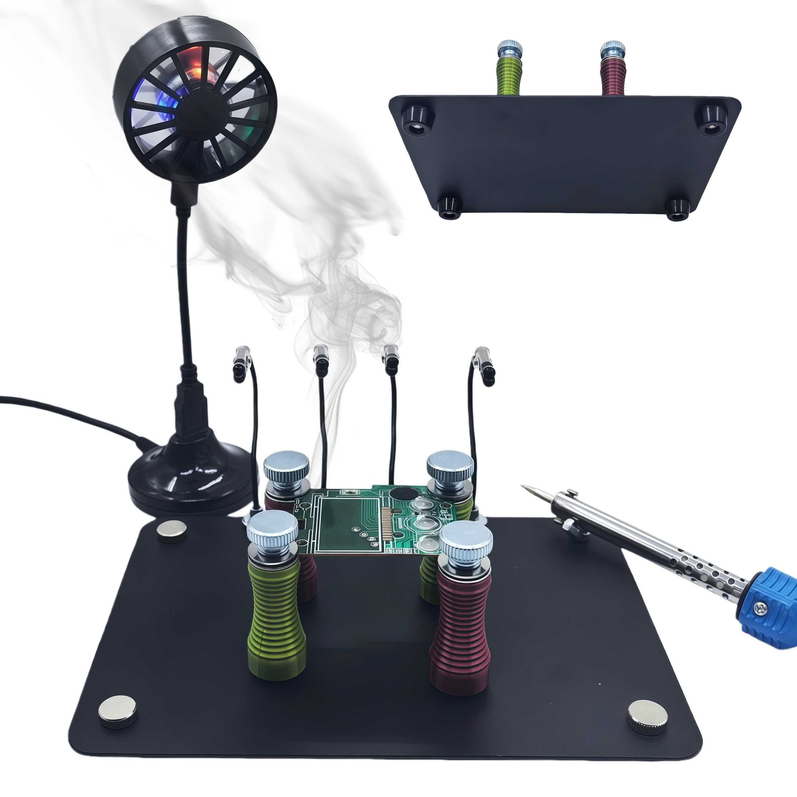 PCB はんだ付けワークステーションキットセット磁気 PCB ホルダースタンドスプリングクリップ付き曲げ可能な磁気ピンセットミニ USB 吸煙器