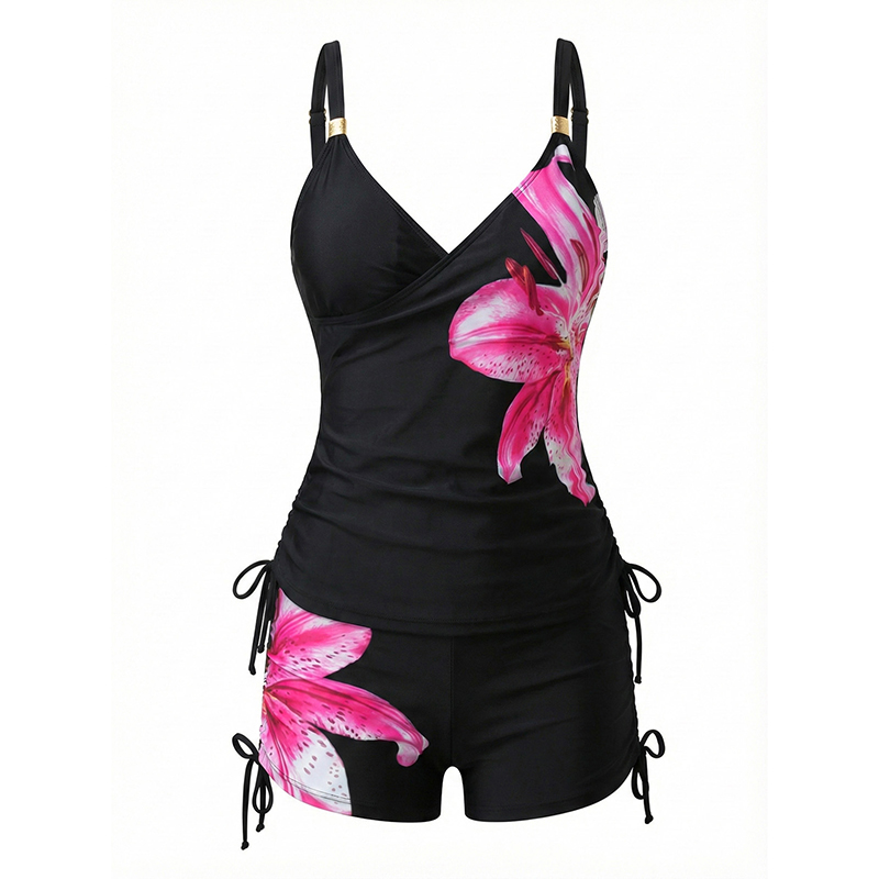 Dressfo Women's Beach Tankini Swimsuit Lily Floral Print Cinched Boyshorts Vacation Swimwear