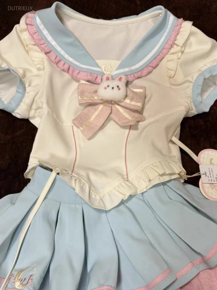 プレッピースタイル夏のツーピースセット女性 Y2k 服セーラー襟半袖トップスミニプリーツスカートスーツシックで甘い衣装