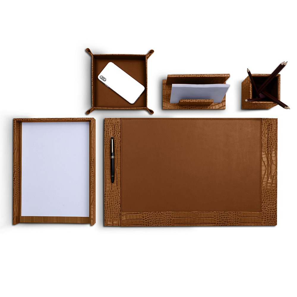 Wholesale Custom 5 Items  Pen Holder Leather Trays Combined Crocodile Office Faux Pu Leather Desk Pad Organizer Set