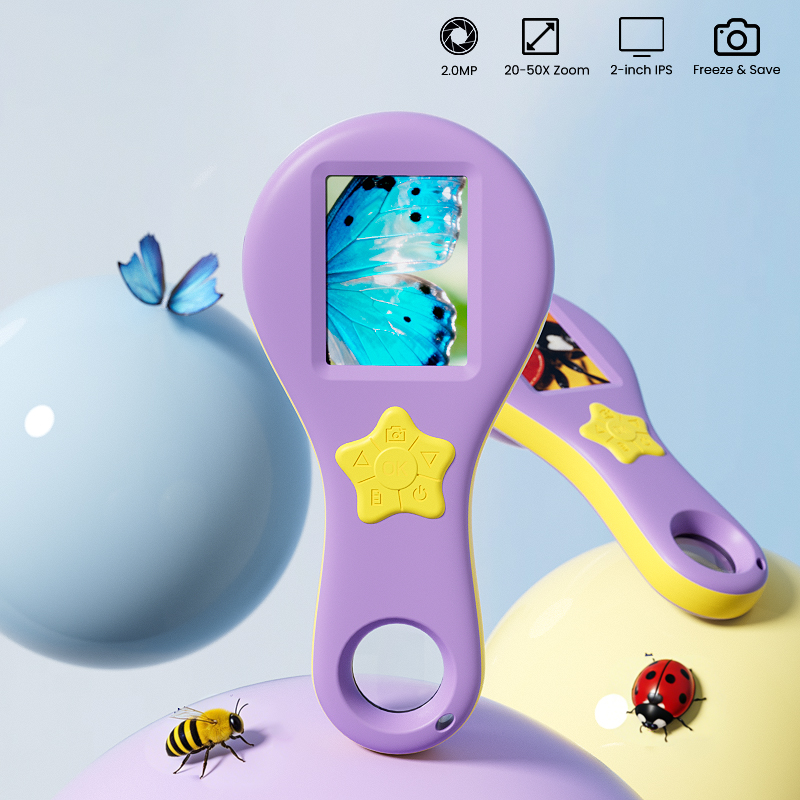 子供用デジタル拡大鏡 2.0 インチ IPS スクリーン 2.0MP ビデオ顕微鏡 50X 倍率 8LED 虫眼鏡付き パープルブラック