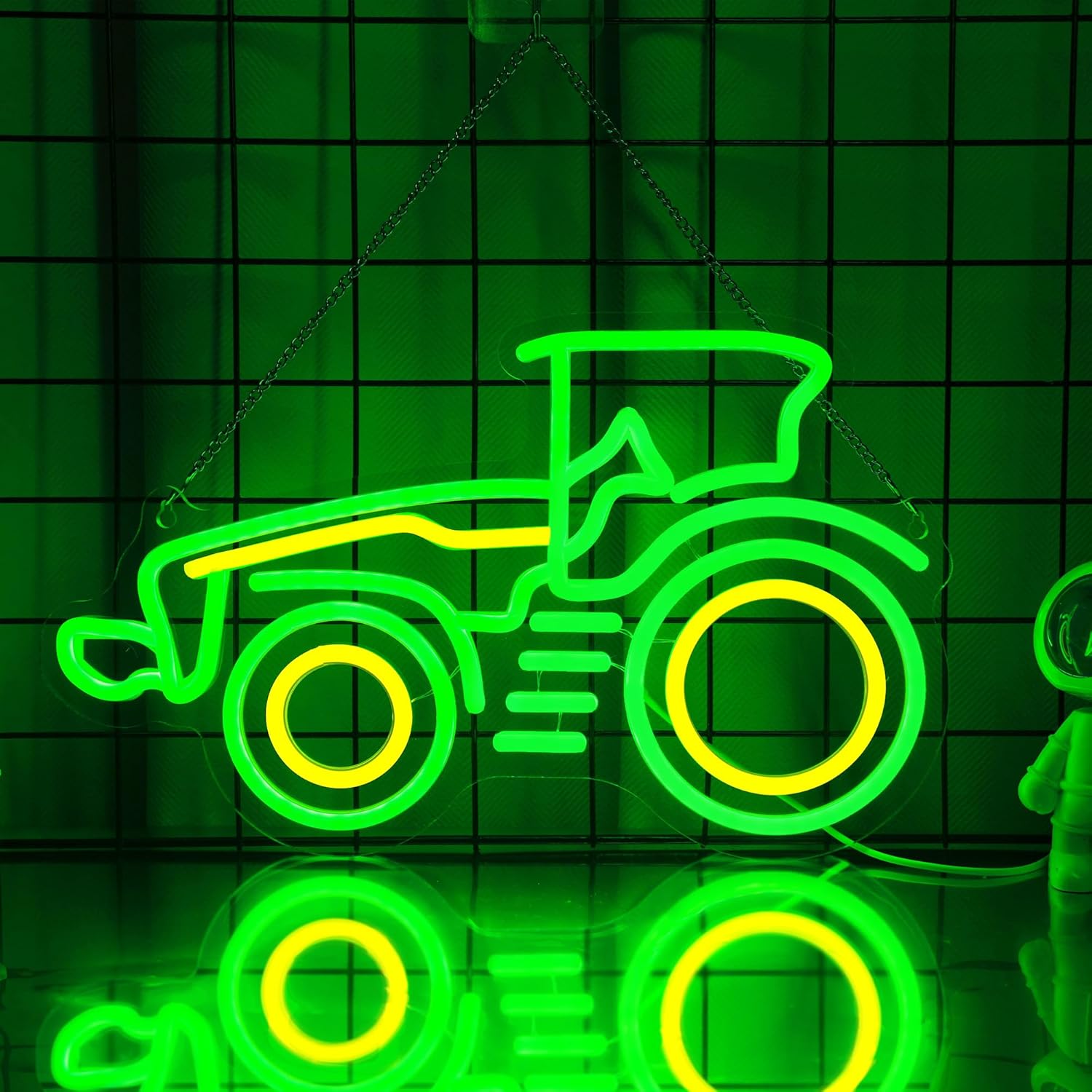 グリーントラクターネオンサインイエローアクセントLEDライトファームテーマの壁の装飾ガレージバー素朴なホームダイナーパーソナライズされたギフト用