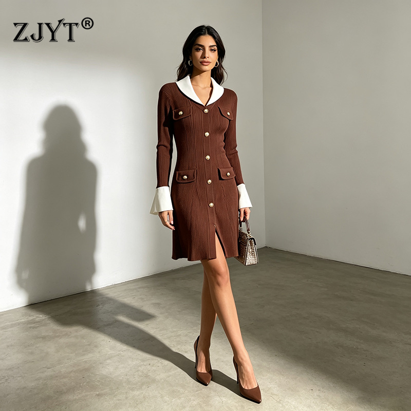 ZJYT 新 2026 秋冬ニットセータードレス女性のファッションフレアスリーブヒットカラーショートカジュアルパーティードレスエレガント
