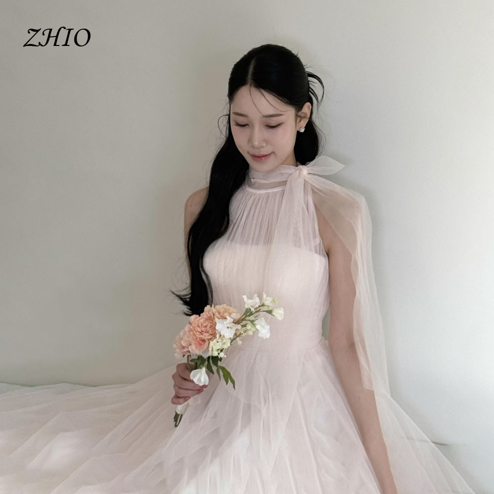 ZHIO 妖精ソフトピンクソフトチュールイ​​ブニングドレス韓国ウェディングドレス写真撮影床の長さのノースリーブウエディングドレスカスタマイズ