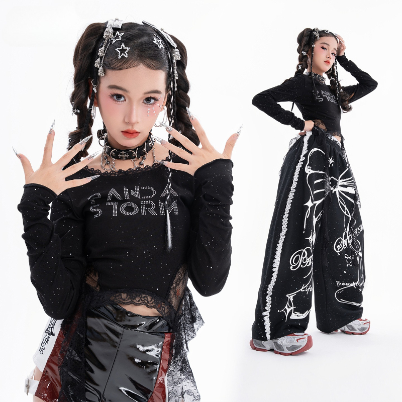 Jazz Dance Clothes Girls Black Long Sleeve Tops Baggy Pants Fashion Hip Hop Kpop Street Dance Outfits Group Performance Costume