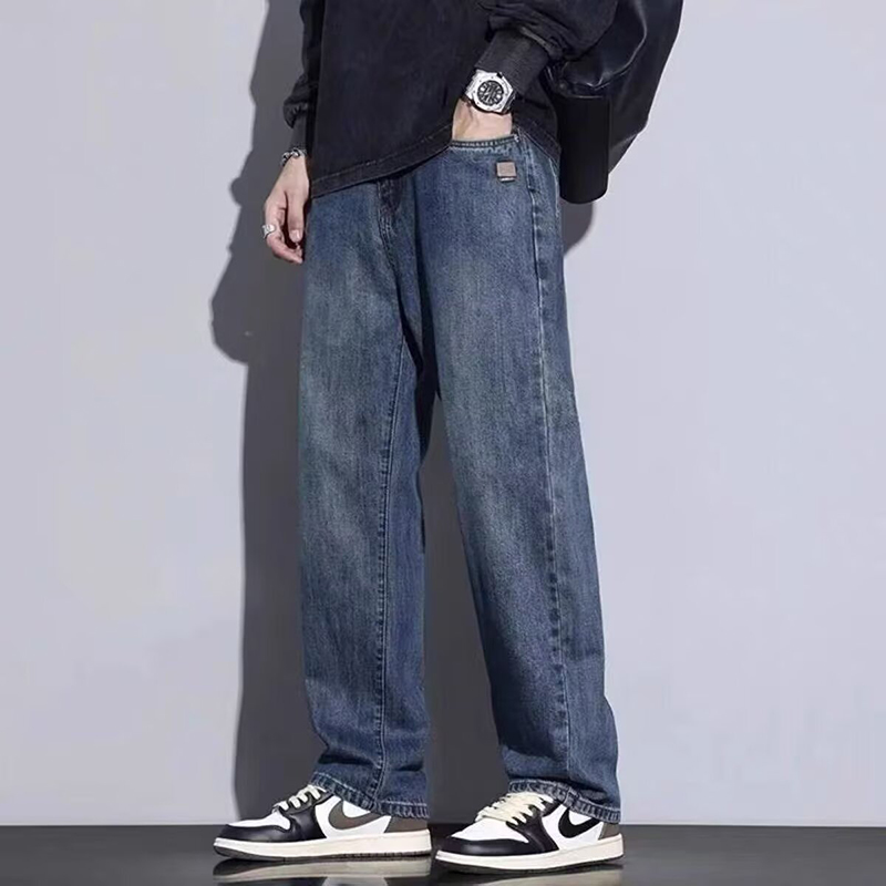 秋の新メンズファッションルーズジーンズ男性ハイストリートヴィンテージストレートカジュアルパンツアメリカン多用途ワイドレッグデニムパンツ