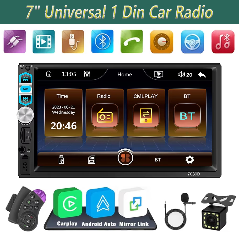 ユニバーサル 1 Din カーラジオ HD 7 "タッチスクリーンステレオ Bluetooth USB FM ISO 電源 Aux 入力ミラーリンク自動マルチメディアプレーヤー MP5