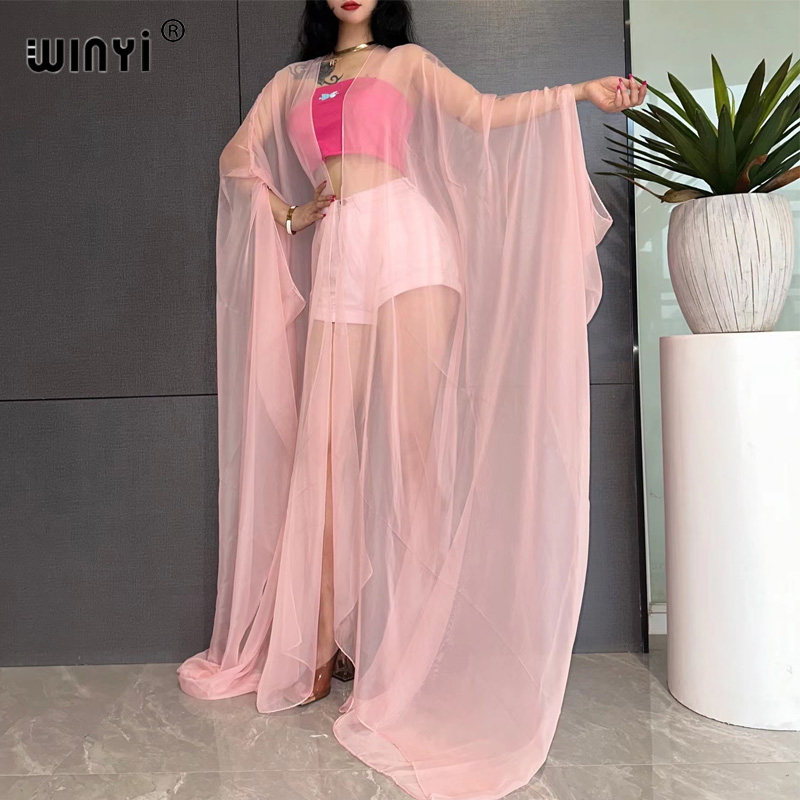 WINYI ビーチセクシーなカバーアップ水着女性着物水着ケープサマードレス 2023 ビーチウェアモノクロ透視糸ドレス