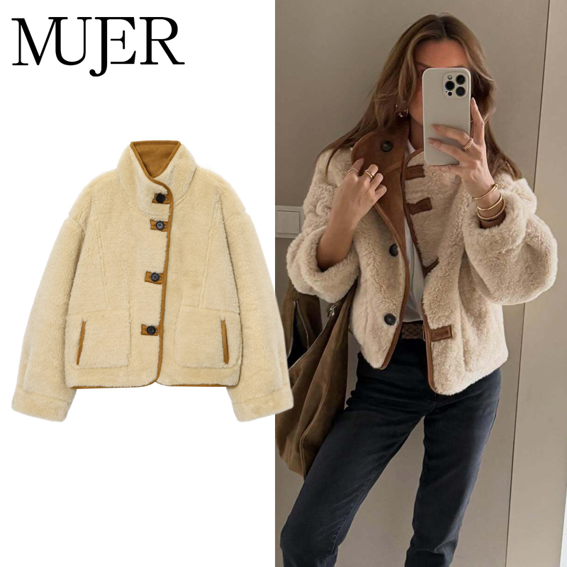 Mujer 女性のテディジャケット両面毛深いコート女性フェイクスエード豪華なジャケットの女性の上着ゆるい暖かい冬の女性のコート