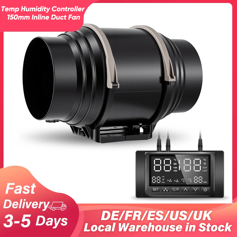 150mm インラインダクトファン 温度/湿度コントローラー付き 600 m3/h 350CFM EC モーター換気排気ファン 浴室用成長テント用