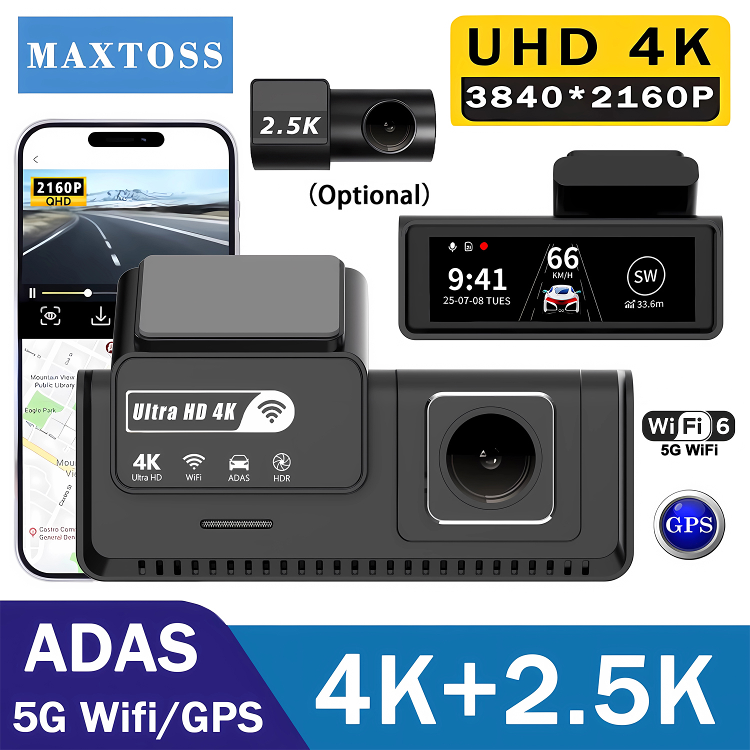 ADAS 4K 2.5K ダッシュカム デュアルレンズ 2160P 録画車カメラ 内蔵 WiFi GPS DVR ダッシュカム ナイトビジョン ビデオ レコーダー 24 時間駐車場